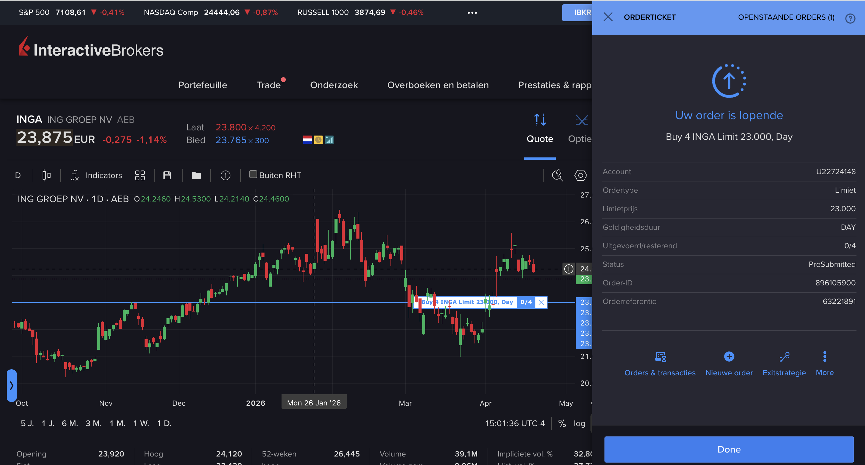 Interactive Brokers orderbevestiging: 'Uw order is lopende' voor Buy 4 INGA Limit 23.000 Day