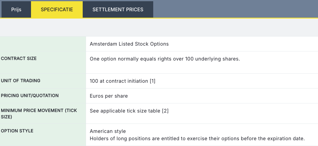 Specificatietabel op Euronext Amsterdam: één optiecontract geeft normaal rechten op 100 aandelen; de optiestijl is Amerikaans.